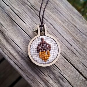 Tiny hoop embroidery. Cross stitch acorn necklace